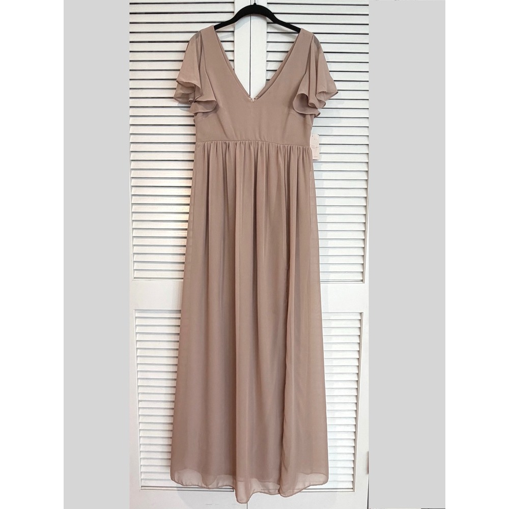 NWT Birdy Grey Hannah Chiffon Flutter Sleeve Dress Taupe Size S